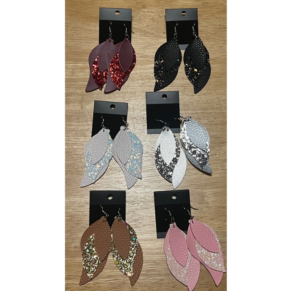 Unbranded Faux Leather Leaf Earrings Women OS Multicolor 6 Pair Set Glitter EUC